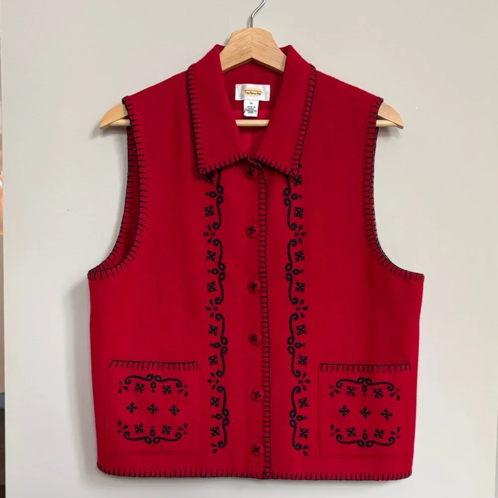 Talbots Red‎ Embroidered Folk Vest Wool